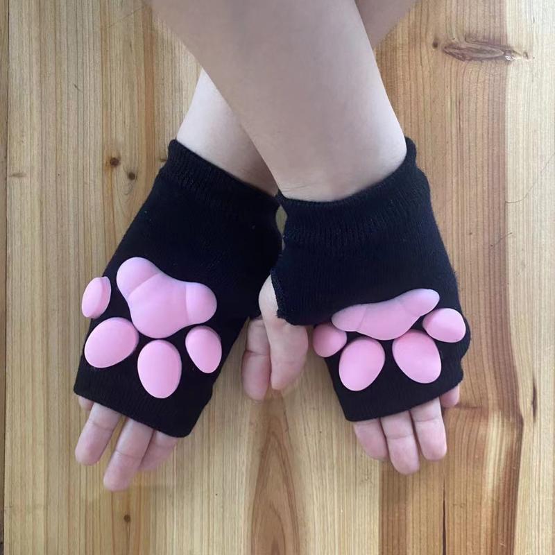 Silicone 3D Cats Claw Pad Mittens Fingerless Kitten Paw Gloves Halloween Cats Cosplay Mitten Knitted Lolita Hand S