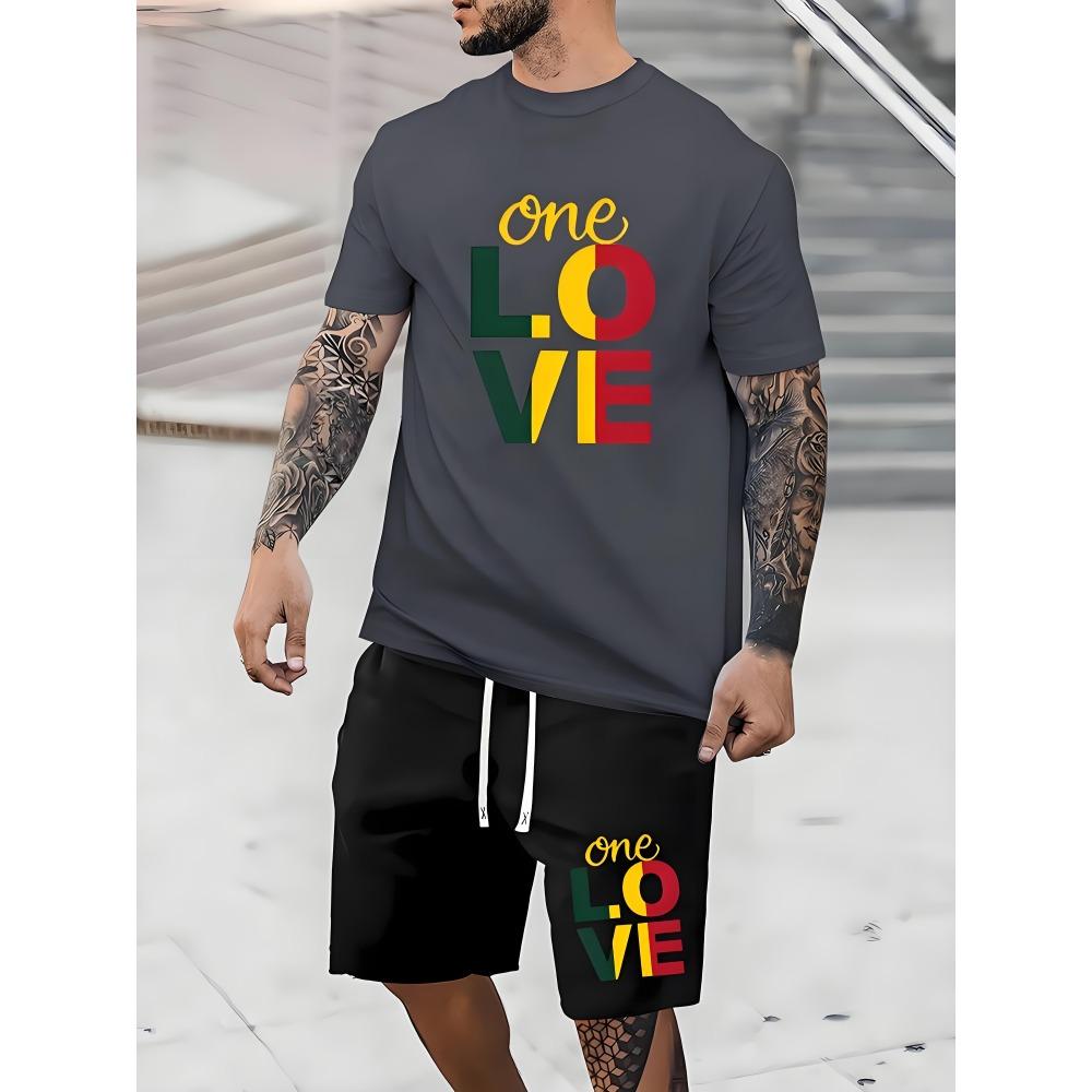 Fashion Colorful Love Graphic T-shirt Shorts Set Summer Sports Short Sleeve Shorts 2-piece Set Men's Quick Dry Sportswear Suit