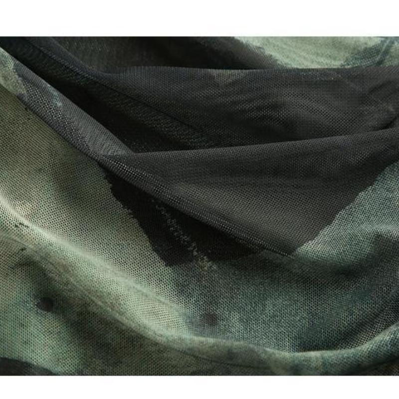 Korean Mesh Print Temperament Collision Color Mesh Yarn Round Neck Fashion Bottoming Shirt Inside Slim Hundred Mom Pleated Long-sleeved T-shirt Female