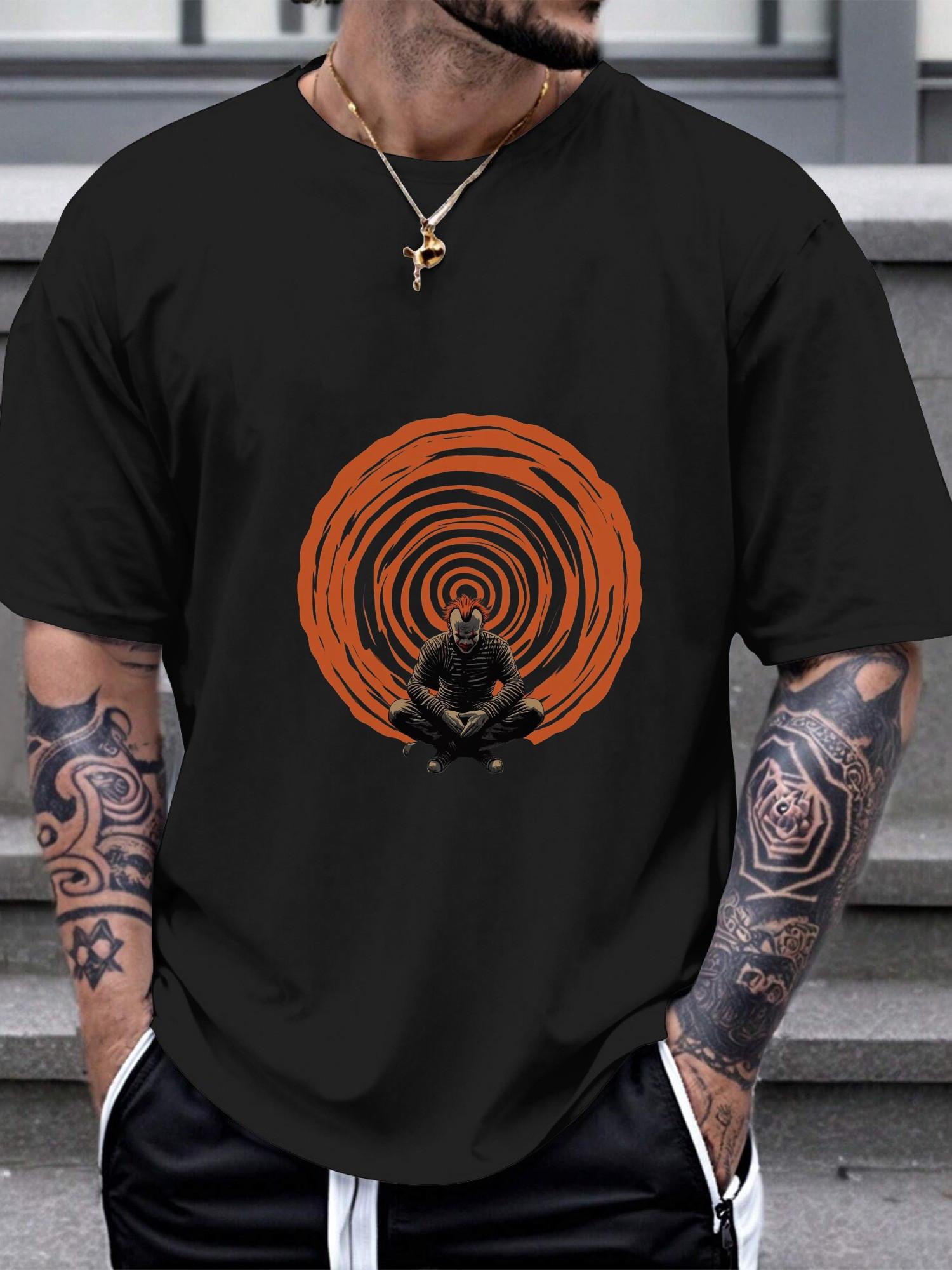 Oversized Cotton T-shirt with Clown Spiral Geometric Print - 180g All-Season Crew Neck Short Sleeve Tee S