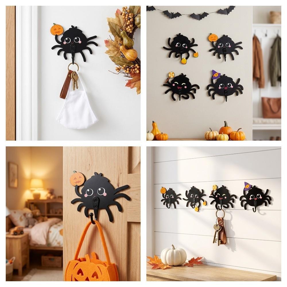 Creative Wooden Halloween Cartoon Spider Hook No-Drill Gothic Style Keys Holder Cute Wall Mounted Bag Hat Hooks Home Decor