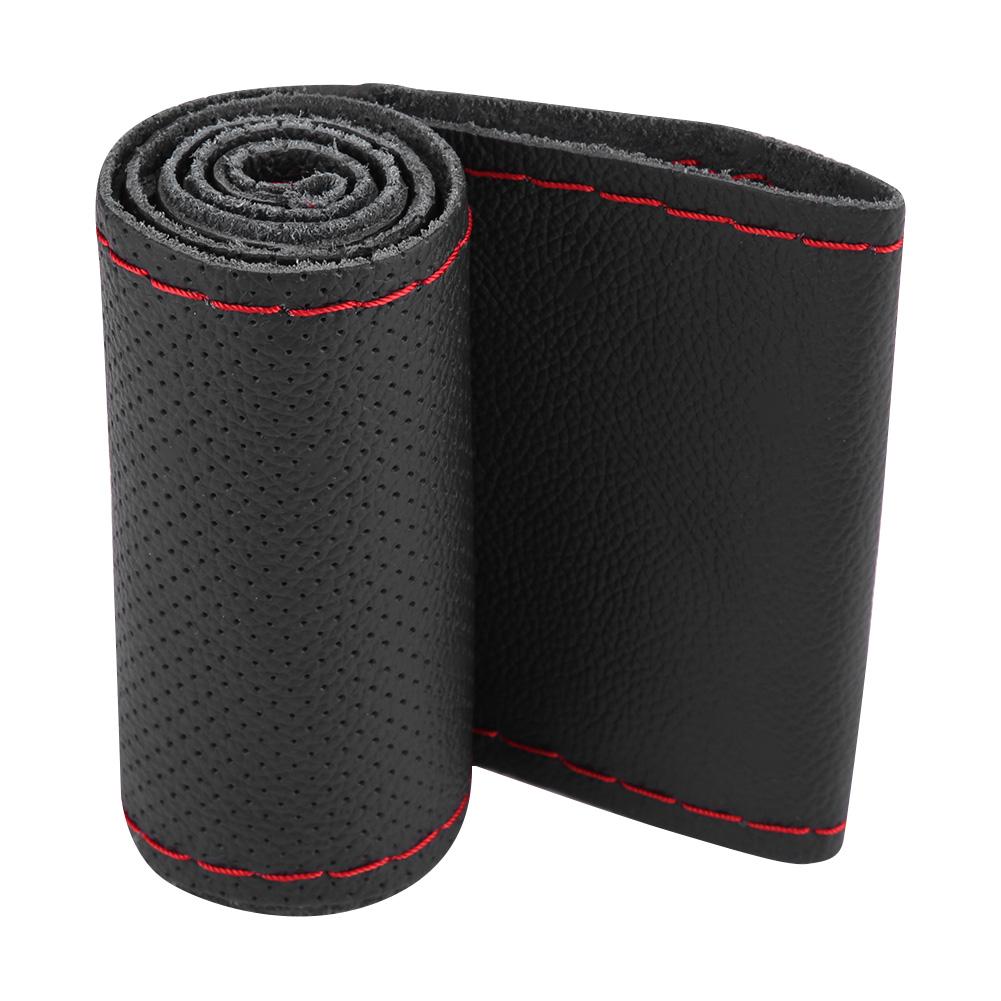 1 Pc 3738cm Car Auto Laser Drilling Cowhide Steering Wheel Cover Universal (Black Red)