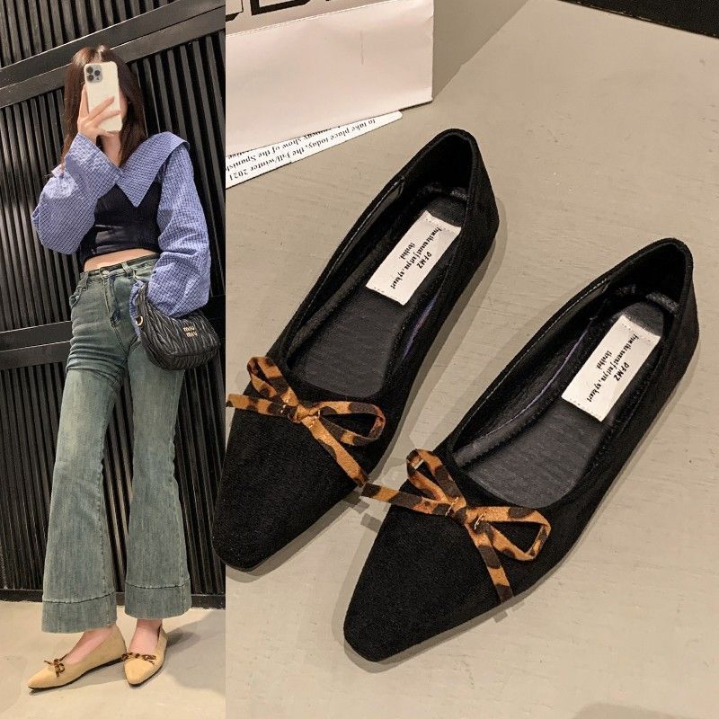 Retro Suede Bow Commuter Shoes French Flat Black Pointed Single Shoes Women's Shoes New Spring and Autumn