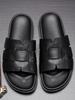 Summer Leisure Fashion Cowhide Flat Mens Slippers Personalized Trend Breathable Open Toe Solid Color Hard-Wearing Slides