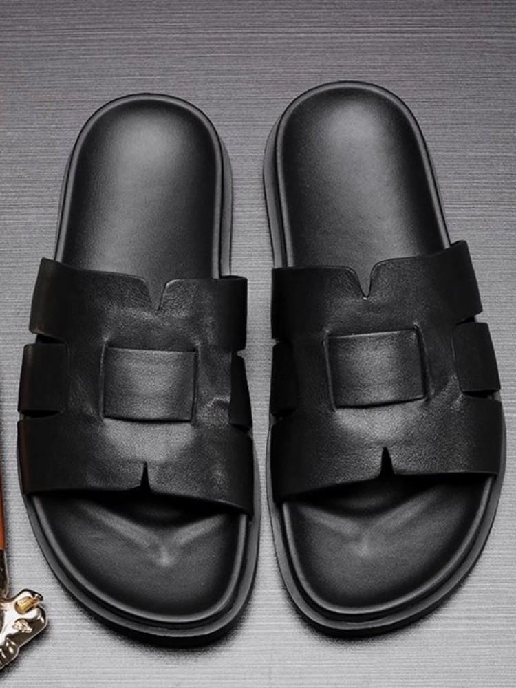 Summer Leisure Fashion Cowhide Flat Mens Slippers Personalized Trend Breathable Open Toe Solid Color Hard-Wearing Slides