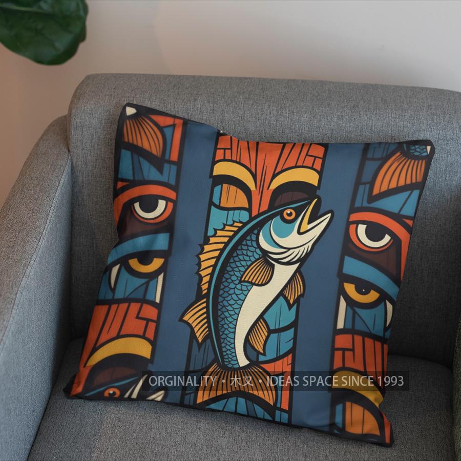 2D Colorful Fish Geometric Pattern Pillow Cover Pattern Cushion Cover Suitable For Sofa Bedroom Car Pillow Cover