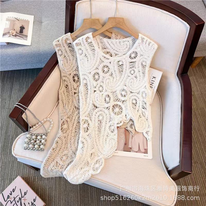 Spring outerwear hook-up hollow blouse niche chic beautiful irregular knitted thin sleeveless top trendy