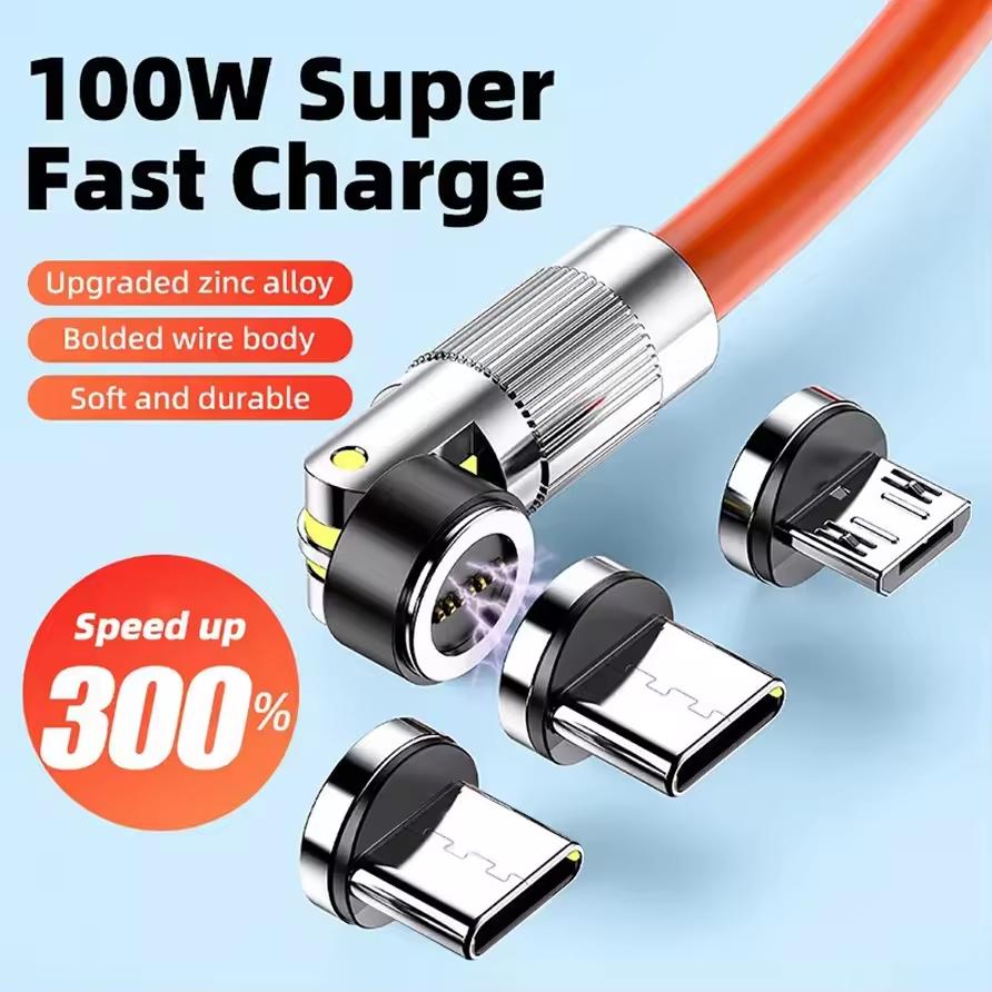 6A 3 1 Magnetic Fast Charger Cable 540 Degree Rotation Head 120W Silicone Data Charging Cable for iPhone Samsung Printer Use