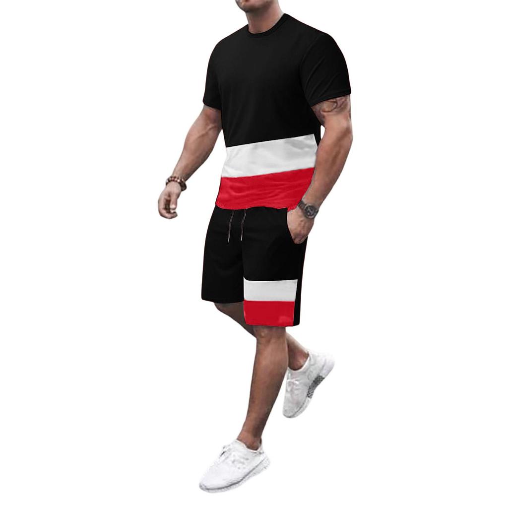 Summer new trendy men's simple 3D printing color matching short-sleeved T-shirt set men's 2-piece set