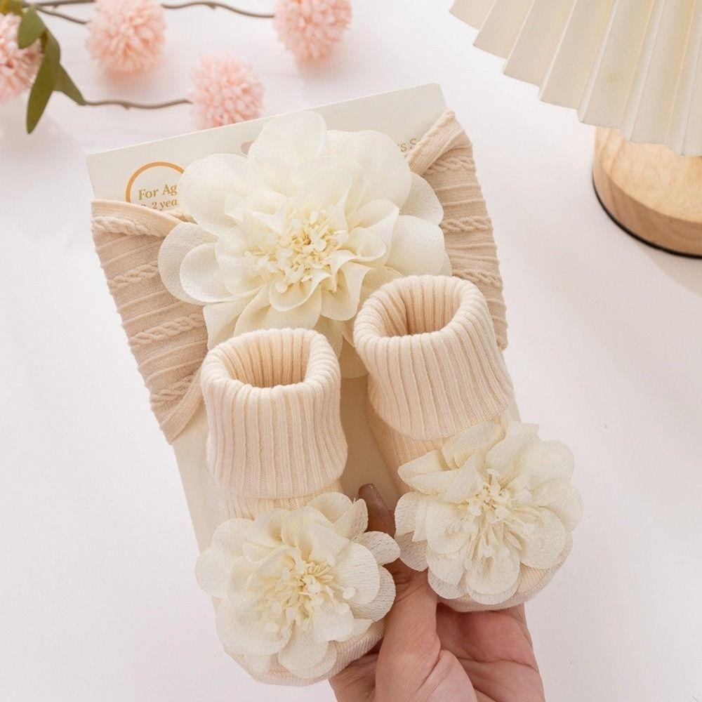 3Pcs/Set Anti Slip Baby Headband Socks Set Lace Flower Cotton Socks Infant Photogrphy Props