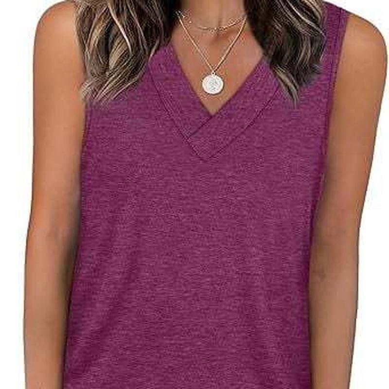 Summer European Style Women V-Neck Casual Loose Fit Solid Color Tank Sleeveless