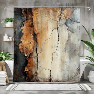 Abstract Bath Curtain - Orange, Beige, Gray Tones, Unique Wall Texture Art, Waterproof Fabric, Modern Bathroom Decor