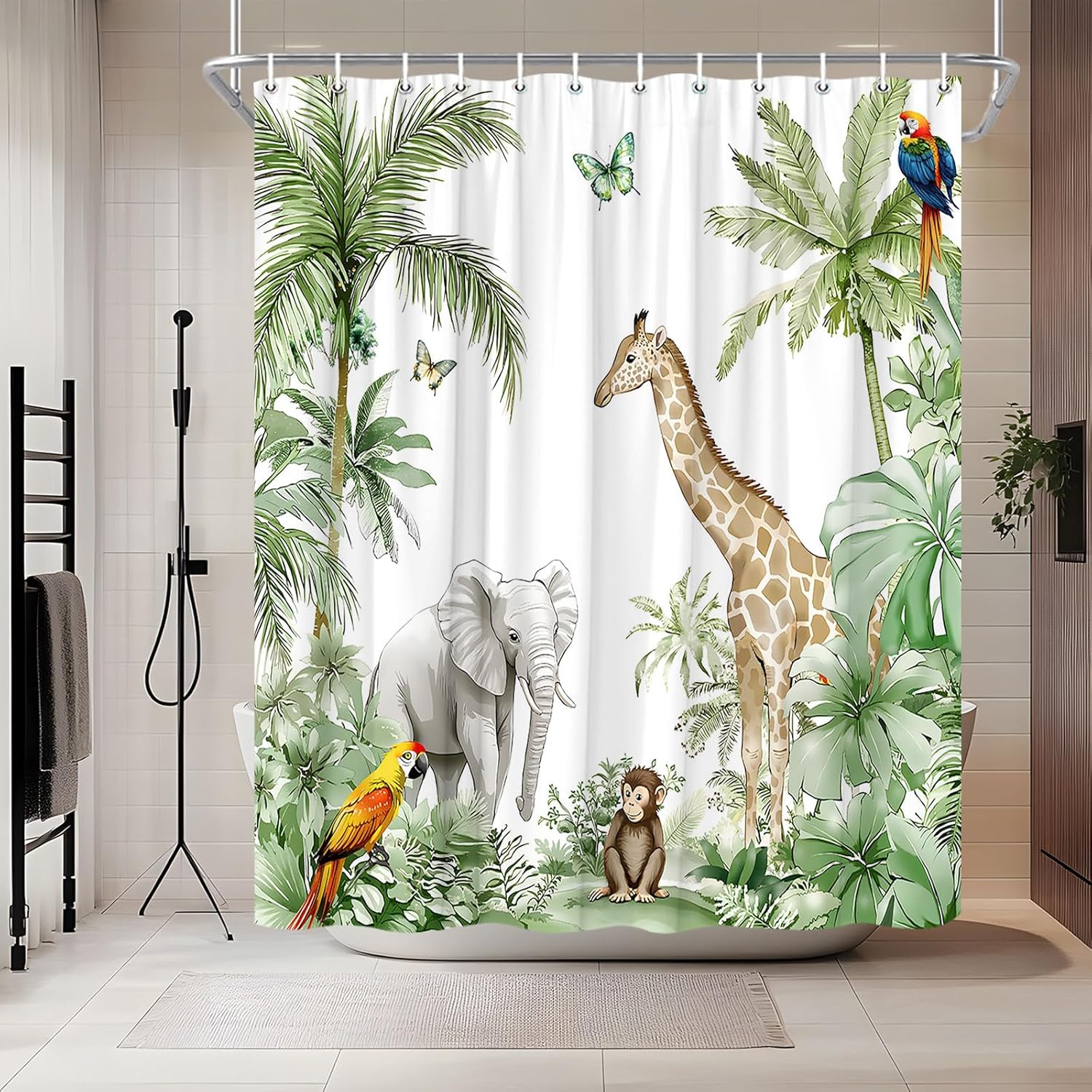 Jessica Chen Green Jungle Animal Shower Curtain Forest Giraffe Elephant Rainforest Tropical Safari Plant Wildlife Parrot Watercolor Shower
