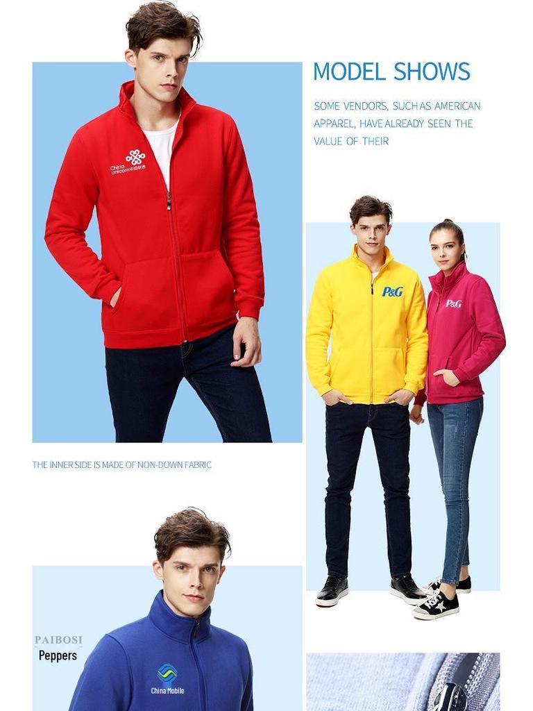 Zakázková bavlněná mikina s dlouhým rukávem na zip se sklopným límcem a logem pro firemní kulturu