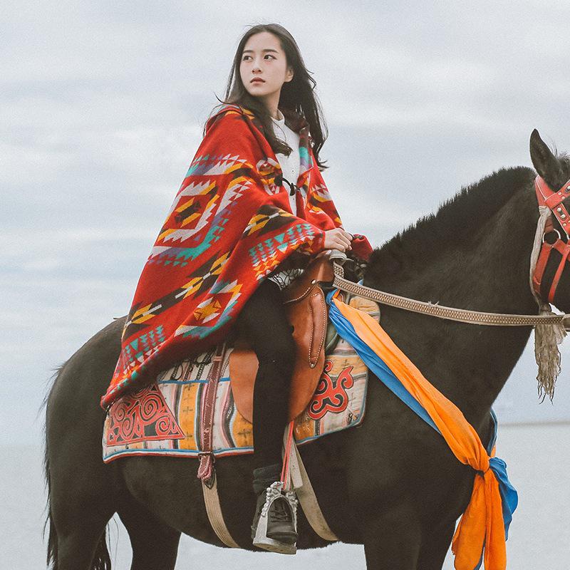 Bohemian Ethnic Hooded Cape Shawl - Women's Autumn/Winter Yunnan & Korean Style