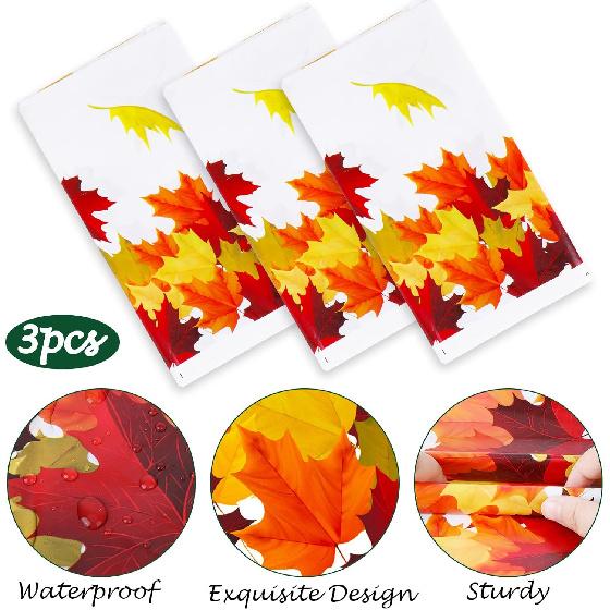 HOWAF 3 Pieces Thanksgiving Fall Leaf Tablecovers, Happy Thanksgiving Day Maple Leave Tablecloths, Autumn Themed Plastic Table Cloth for Thanksgiving