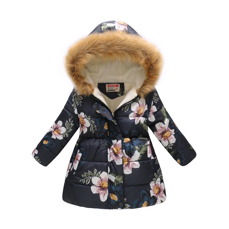 Autumn and Winter Children's Cotton Jacket Boys and Girls Fashion Printing Cartoon Big Boy Long Section Hair Collar Hooded Cotton Coat Jacket