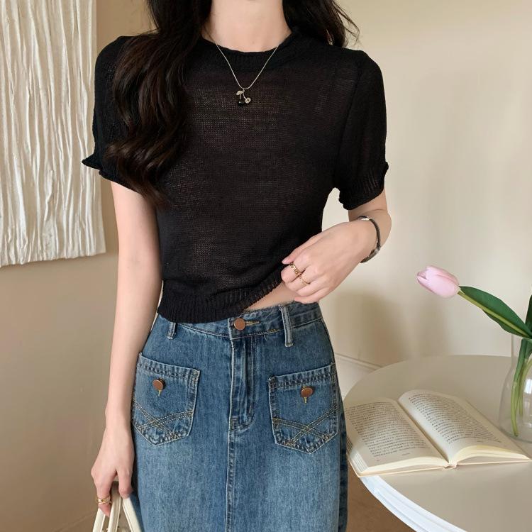 

Круглый вырез с коротким рукавом вязаный свитер женский тонкий летний дизайн Sense Niche тонкие короткие топы повседневные основные удобные и стильные облегающие пуловеры футболки One Size чёрный