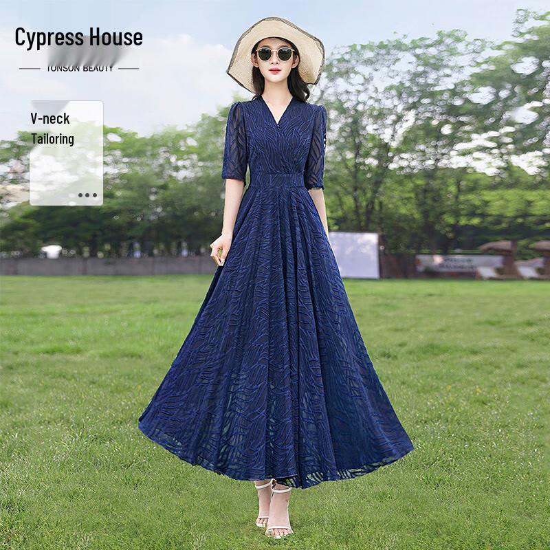 Sibaishae 2026 S/S Elegant V-Neck Puff Sleeve A-Line Long Dress M