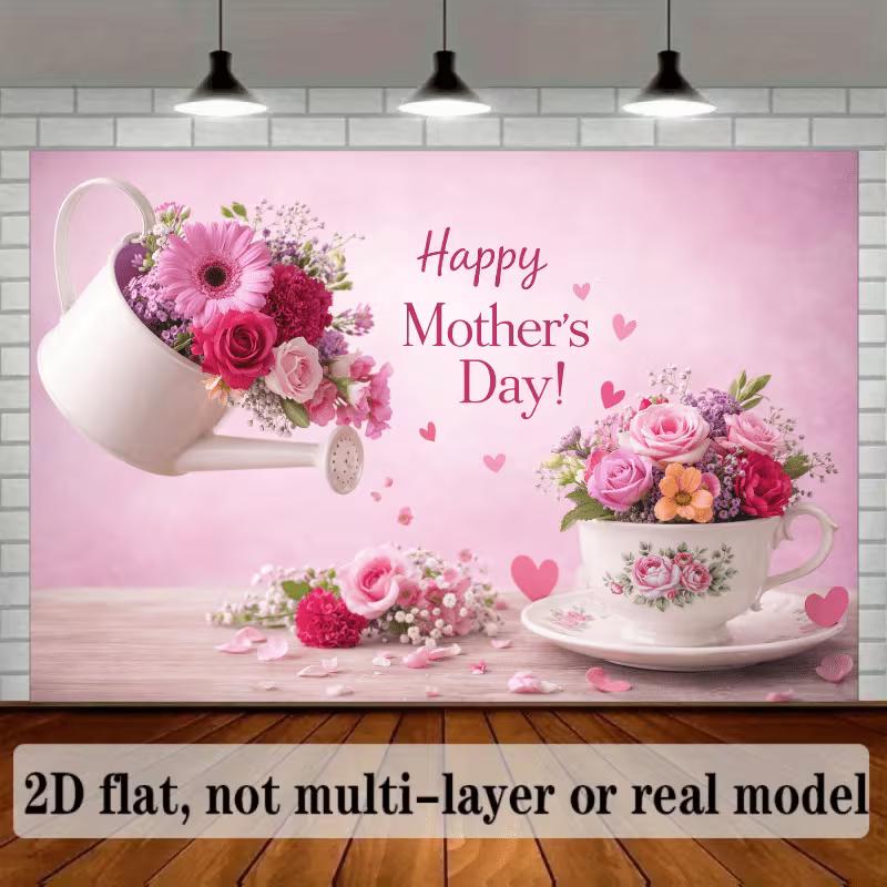 2D Floral Happy Mother's Day Background Banner, Pink Rose & Heart Backdrop for Holiday Photoshoot