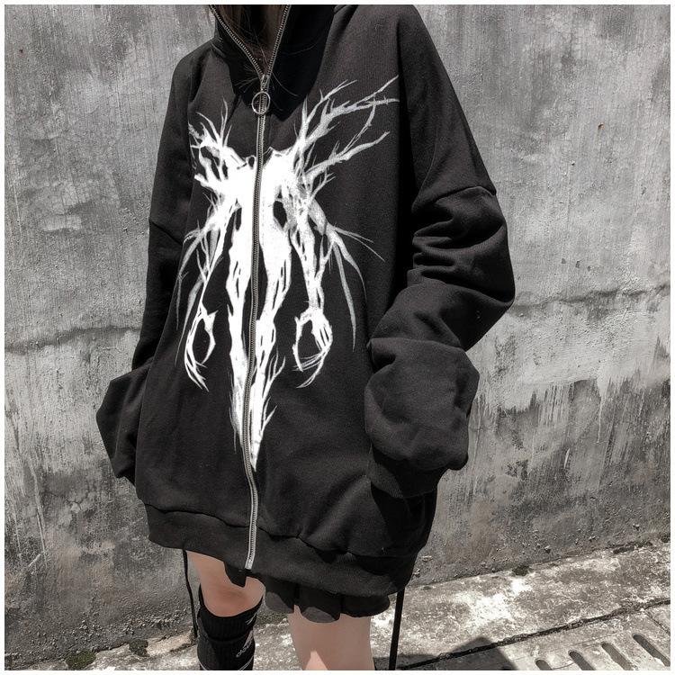 Spring And Autumn Women's Hooded Sweatshirt Zip Print Long Sleeve Hoodie Jacket