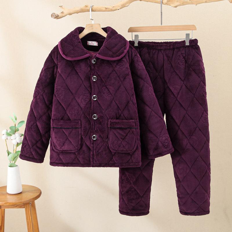 Large size women's elderly winter pajamas three-layer thickened padded cotton to keep warm and fleece coral fleece padded jacket