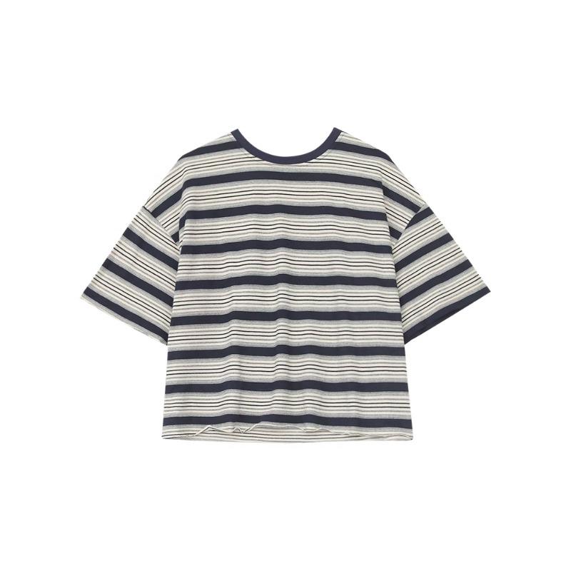 DIMANAF 2025 Summer T-shirt Women Spliced Stripe Printing Short Sleeve Loose Black