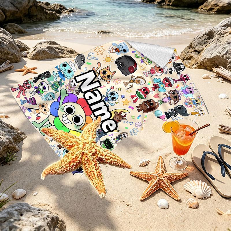 Custom Name Personalized Dandy's World Print Beach Towel, for Trip Camping Beach Party Home Decor, Birthday Gift for Family & Friends
