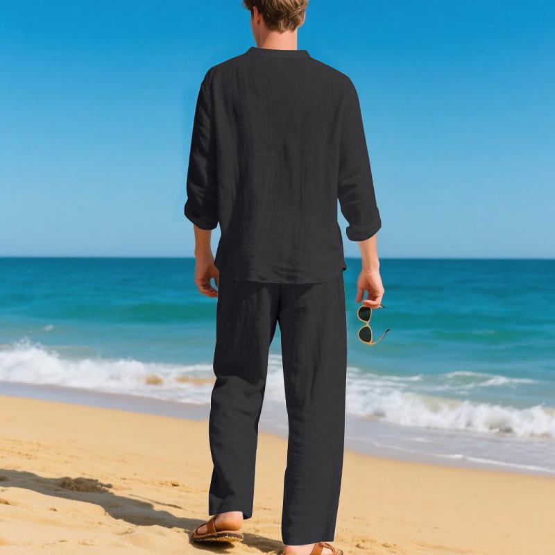 2026 Men's Casual Loose Fit Linen Sports Suit with Long Sleeves