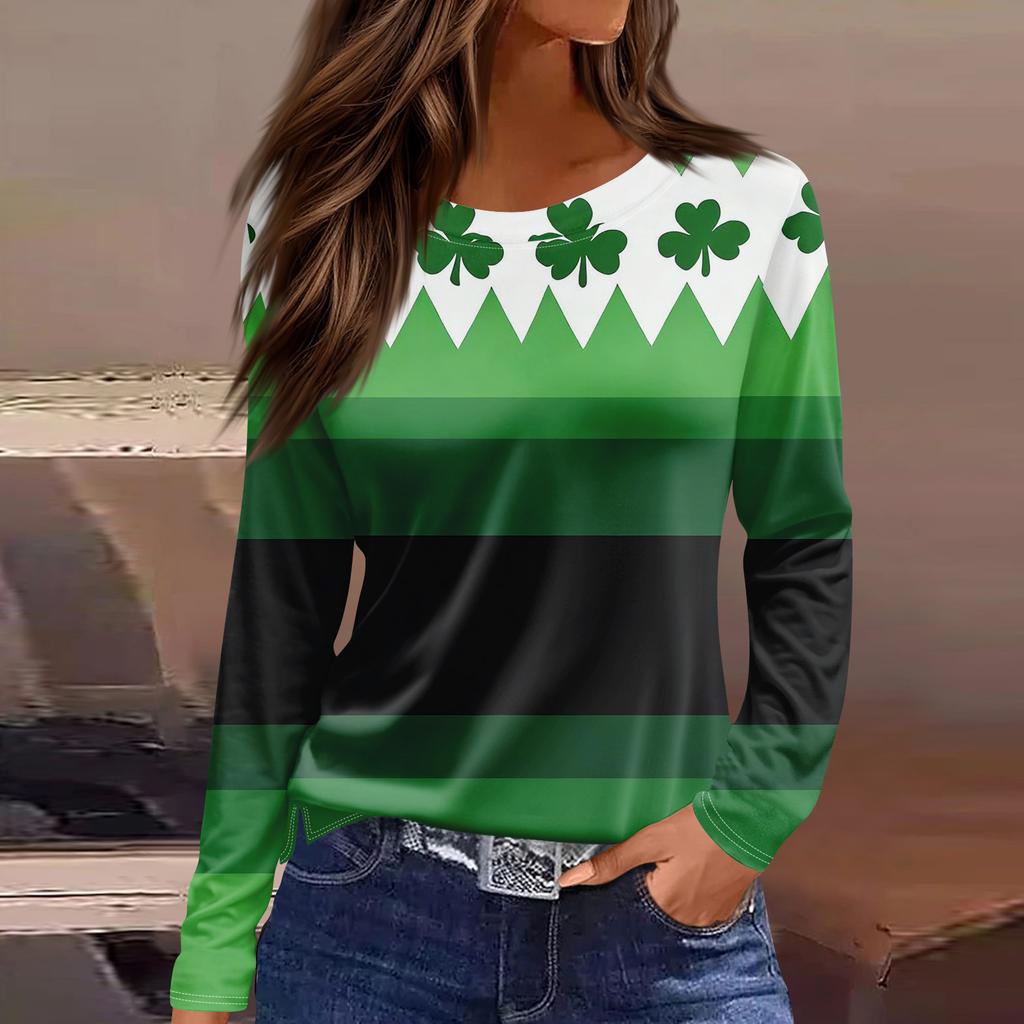 Women's Fashion Casual Slit Hem Round Neck Long Sleeve Loose Printed T-Shirt Ladies Top