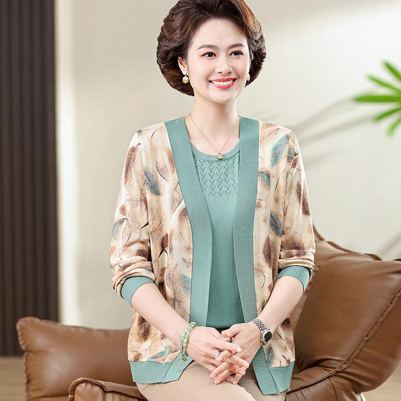 

2026 Spring Knit Cardigan Set for Moms - Stylish Two-Piece for Middle-Aged Women XL (recommended 50-55 kg) зелёный