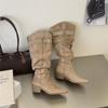 Retro style belt buckle thick heel boots cool handsome wrinkled stack tall knight boots autumn and winter sleeve boots