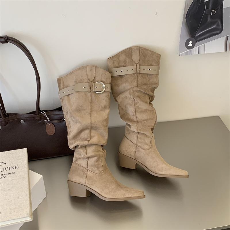 Retro style belt buckle thick heel boots cool handsome wrinkled stack tall knight boots autumn and winter sleeve boots