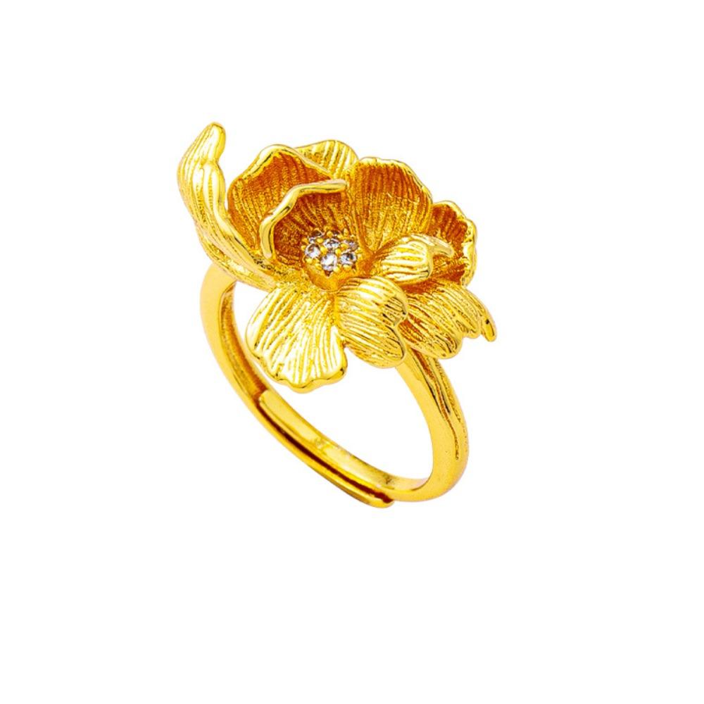 Gold Plated Floral Adjustable Ring Copper Gold Jewelry Accessories Peony Rhinestone Rings  Wedding