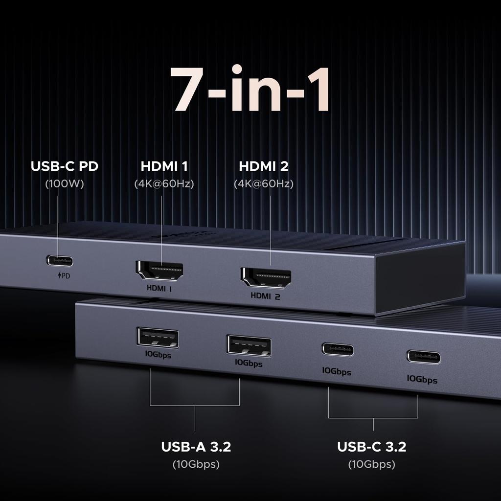 Ugreen Revodok Pro Docking Station with 2 HDMI HDMI 2 USB A C 10Gbps Data 100W PD Fast Compatible with MacBook Dell iPad 7-in-1 USB-C Outputs, USB-C