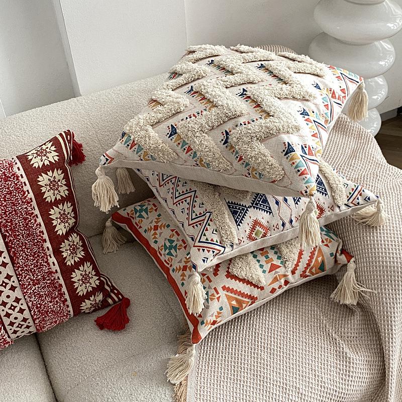 Bohemian Ethnic Flocking Linen Pillow Cover - Decorative Cushion for Sofa, Bedroom, or Bedside