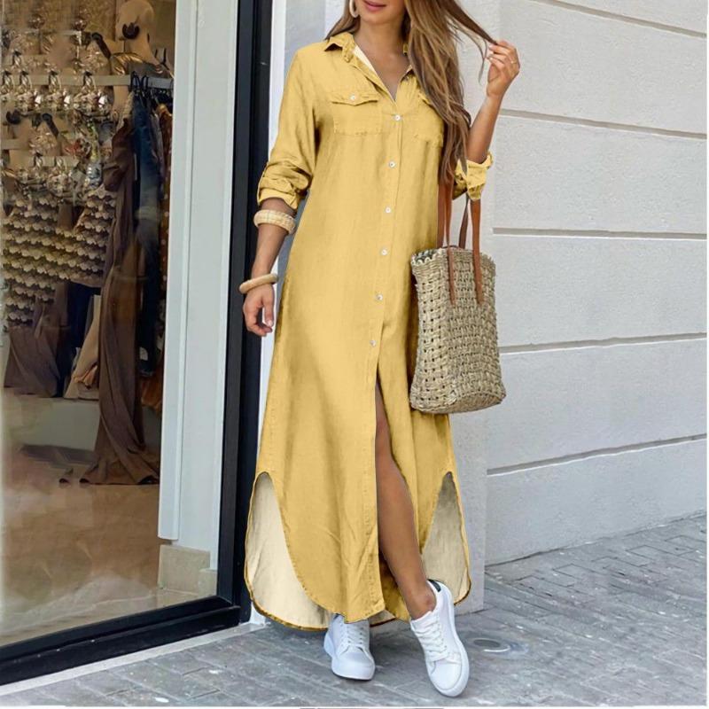Spring and Summer Fashion Long Sleeved Candy Colored Lapel Shirt Long Dress