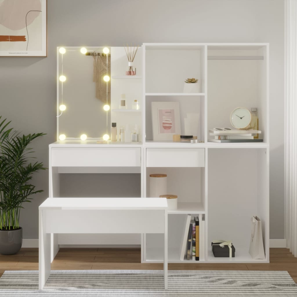 Makeup Table Set with LED Lighting White Wood Based Material