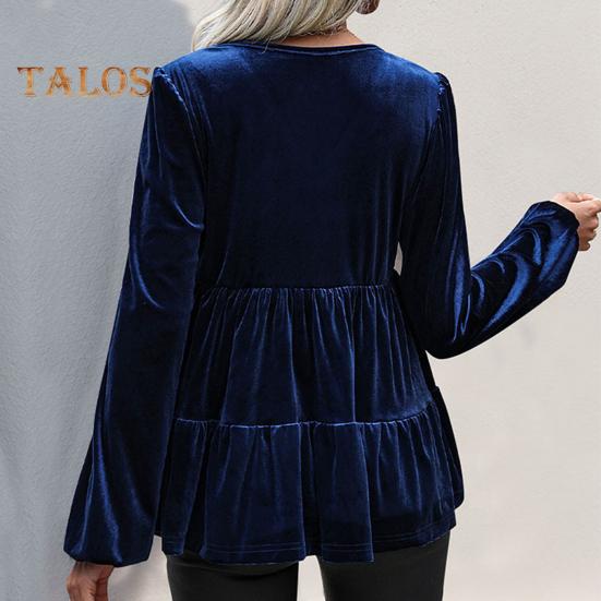 Women Tops V-Neck Lantern Long Sleeve Solid Color Pullover Tops Ruffle Stitching Hem Loose Fit Velvet Shirt