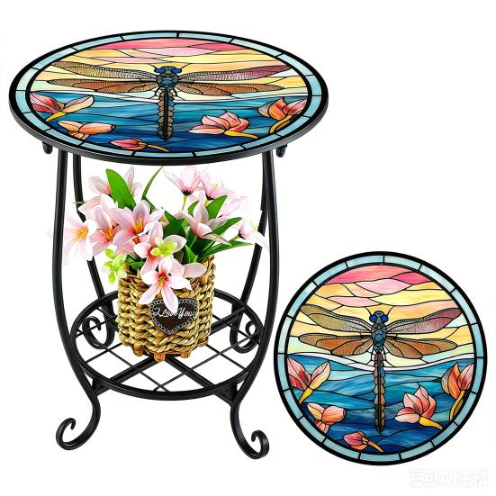 Huaqianguhh Outdoor Side Table, Round Small Mosaic Bird Butterfly Patio Accent, Indoor End Plant Coffee Tea Table for Yard Porch Garden Living