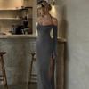 Halter Collar Solid Elegant Backless Dress Women Lace Up Slit Sexy Slim Maxi Dress Female Off Shoulder Y2k Festival Party Club Clothes