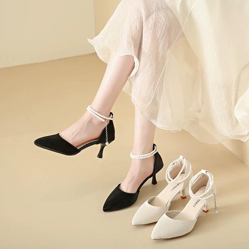 HO French Pearl Strap High Heels Women's Summer Style Pointed Fine Heels Fairy Style Sandals Single Shoes 2026