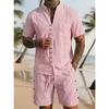 New Men’s Plain-coloured Vintage-style Casual Linen Short-sleeved Shirt and Shorts Set