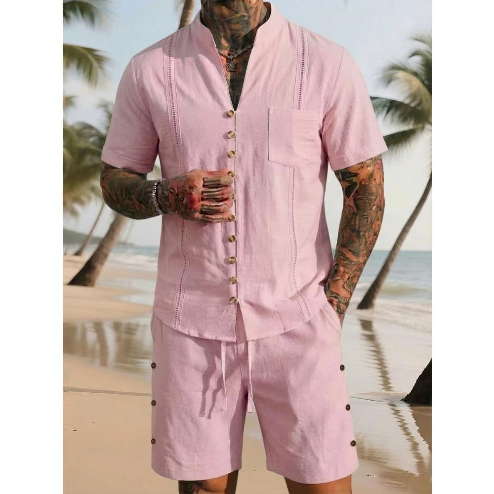New Men’s Plain-coloured Vintage-style Casual Linen Short-sleeved Shirt and Shorts Set