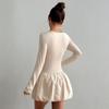 Women's Crew Neck Long Sleeve Mini Dress Slim Mid Waist Solid Bubble Skirt Bodycon Dress