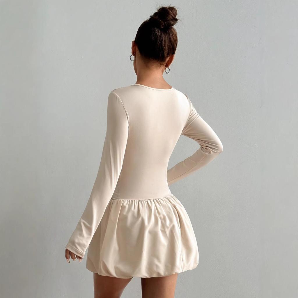 Women's Crew Neck Long Sleeve Mini Dress Slim Mid Waist Solid Bubble Skirt Bodycon Dress