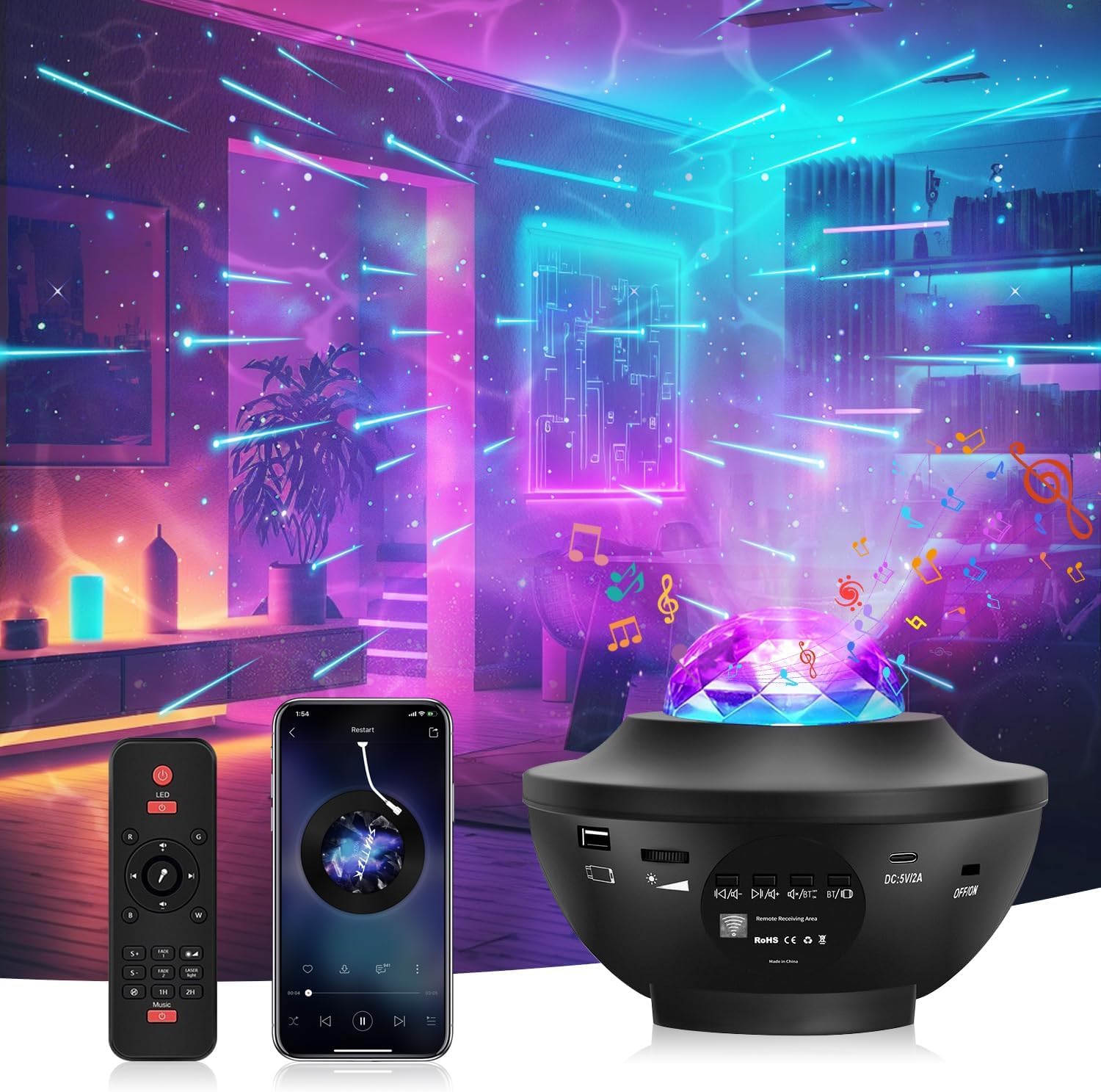 

[2025 Popular New Edition] Star Projector Light, Bedside Lamp with Remote Control, Indoor Decor Light, 10 Lighting Modes, Bluetooth & USB Memory