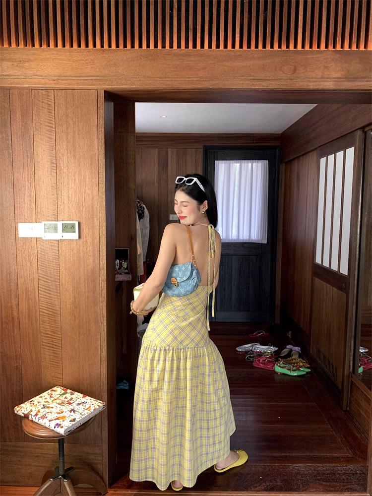 Damen Gelbes Karomuster Neckholder A-Linien Sommerkleid - Süß & Würzig, Dezenter Rückenausschnitt, Lange Länge