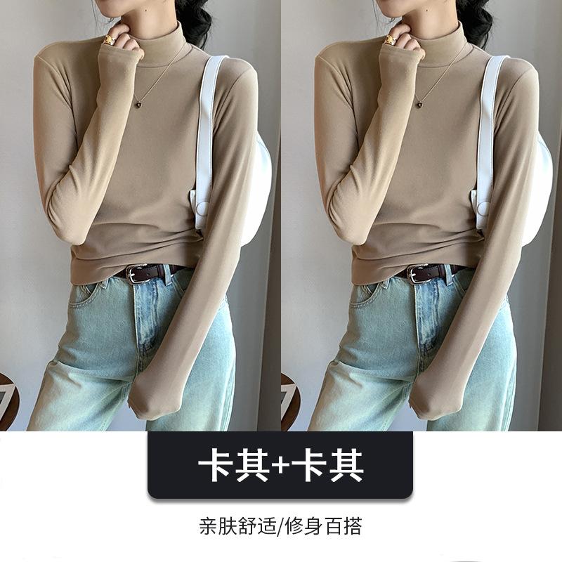 Combination Semi-turtleneck Double-sided German Velvet Bottoming Shirt for Women's Autumn and Winter with Solid-color Warm Long-sleeved Top