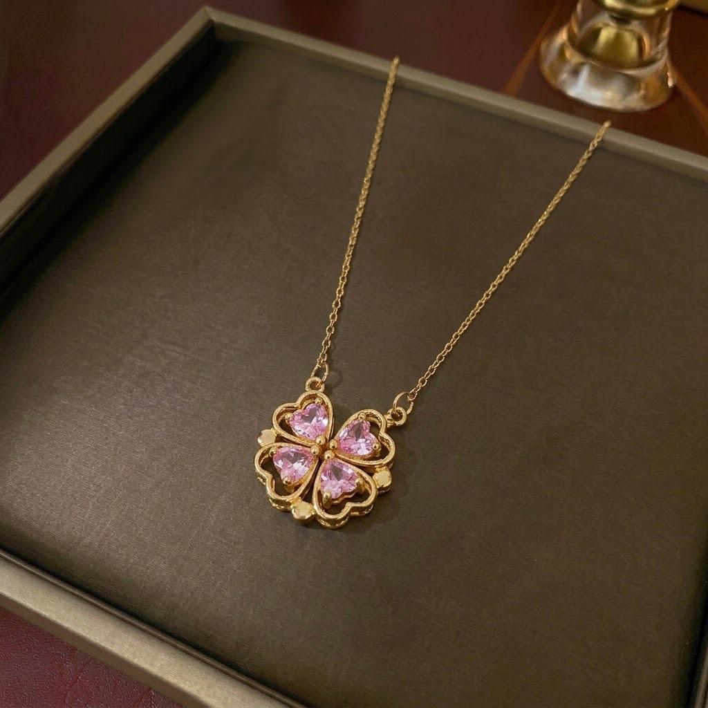 Women's Heart-Shaped Necklace with Four-Petal Flower, Cubic Zirconia, Titanium Steel Clavicle Chain - Elegant and Versatile Accessory